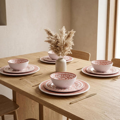 Melamine Dinnerware Sets,12 Pcs Plates and Bowls Set - Light Pink3
