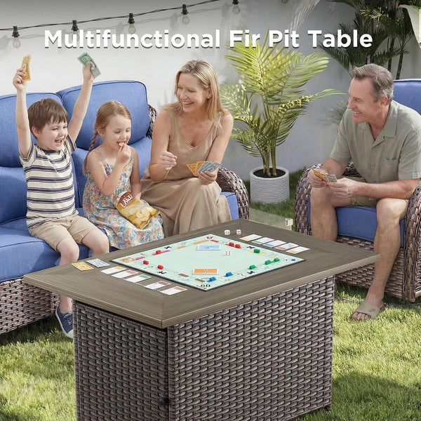 Luxury Patio Furniture Set with Fire Pit Table-4 Pieces High Back Wicker Swivel Rocker Chairs with 6" Extra Thick Cushions, Outdoor Patio Conversation Sets for Garden Deck(Brown/Blue)4