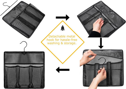 Mesh Shower Organizer,Shower Caddy with Rotating Detachable Metal Hanger, Quick Dry Bathroom Storage for Toiletry Accessories, Portable Shower Bag for Rv,Dorm,Gym and Travel (Black)4