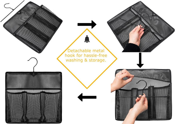 Mesh Shower Organizer,Shower Caddy with Rotating Detachable Metal Hanger, Quick Dry Bathroom Storage for Toiletry Accessories, Portable Shower Bag for Rv,Dorm,Gym and Travel (Black)4
