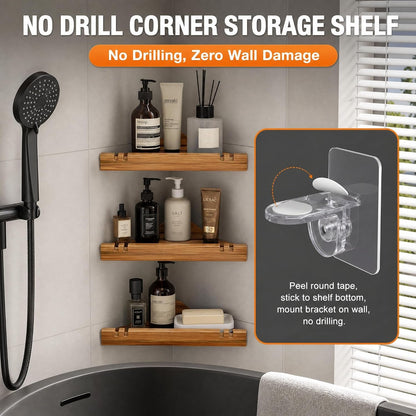 3 Pack Acacia Wood Corner Shower Shelf, Triangular Wooden Bathroom Organizer & Wall Floating Shelves, No Drilling Corner Caddy Storage for Tiled Wall, Kitchen, Living Room5