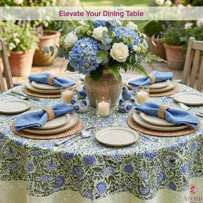 Cotton Blockprint round Tablecloth, Amara Green, 72 Inches6
