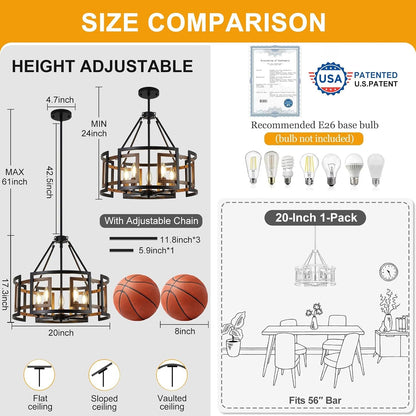 20" Dining Room Light Fixture/Chandelier over Table, 5-Light Black & Wood Grain Farmhouse Chandeliers for Dining Room, Industrial Metal Hanging Pendant Lights Fixture for Kitchen Island Foyer Entryway5