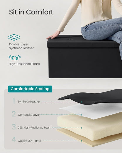 SONGMICS MAZIE Collection - 43 Inches Folding Storage Ottoman Bench, Ottoman with Storage, Foot Rest Stool, Load 660 Lb, for Living Room, Synthetic Leather, Black ULSF7016
