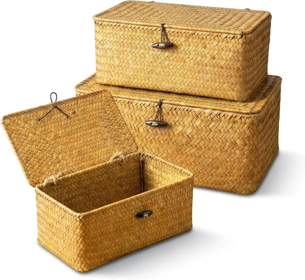 Small Shelf Baskets with Lid Set of 3, Compact Handwoven Seagrass Storage Bins Rectangular Wicker Basket for Shelf Organizer, Closet, Desktop9