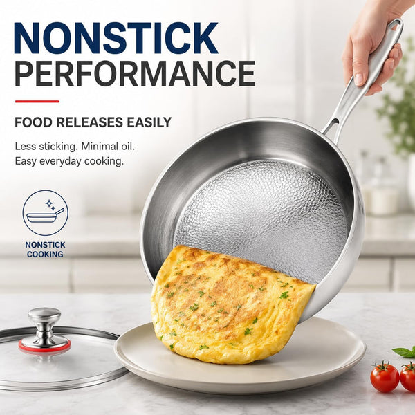 Titanium Hammered Pan with Lid, Thickened Multi-Layer Stock Pot, Titanium Wok Pan, Scratch-Resistant Non Stick Titanium Frying Pans, Even Heating for Cooking,9.44In/Lid3