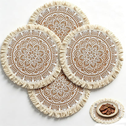 Placemat Set of 4 Macrame Linen Cotton Placemats -Boho round Handmade Woven Table Mats with Tassels, Washable Bohemian Table Decor for Dining Room, Kitchen, Parties, Rustic Farmhouse Style（15 Inch）1