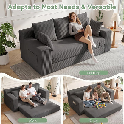 Boneless Couch for Living Room, 3 Seater Convertible Sofa Bed in a Box, Folding Pull Out Couch with Comfy Corduroy, Loveseat Sleeper Floor Sofa with 5 Pillows, No Assembly Required, Grey5