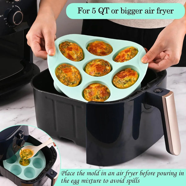 2 Pack Silicone Egg Bite Molds for Air Fryer, Nonstick 7 Cups Air Fryer Muffin Pan for Baking Egg Bite, Mini Muffins, Tart, Mini Cupcake and Quiche (Pink + Green)4