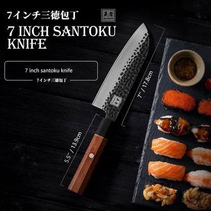 Japanese Santoku Knife, 7 Inch Chef Knife 5 Layer 9CR18MOV Clad Steel for Meat Cutting, Super Sharp Kitchen Cooking Knife with Ebony Bolster African Rosewood Handle -Wooden Box7