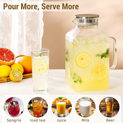 1 Gallon Thickened Square Glass Pitcher with Lid, Classic Stripes Water Pitchers for Fridge, Borosilicate Glass Carafe for Hot/Cold Brew Drink, Extra Large Jug with Handle for Iced Tea, Coffee, Juice2