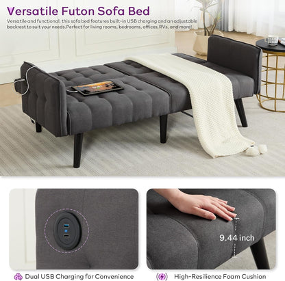 65'' Convertible Futon Sofa Bed with USB, Small Couch for Living Room5