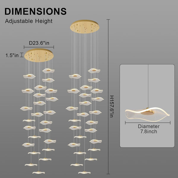High Ceiling Chandelier - 24-Light Dimmable Modern Gold Long Spiral Luxury Linear Lotus Leaf Led Lamp Hanging Pendant Lights for Foyer Enterway Staircase Villas7