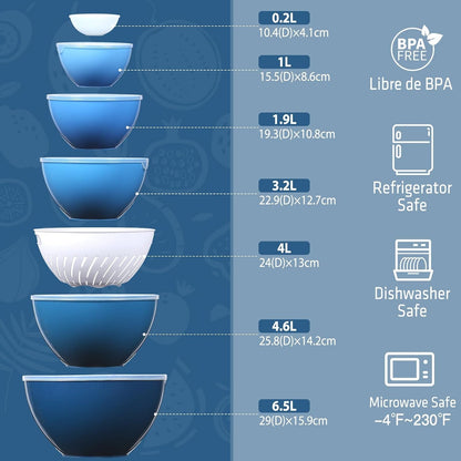 15 Piece Mixing Bowls with Lids Set, Super Large(6.87-0.21Qt) Plastic Nesting Bowls 6 Prep Bowls 6 Lids 1 Colander 2-In-1 Spoon Microwave Dishwasher Safe for Preparing Mixing Serving Storing2