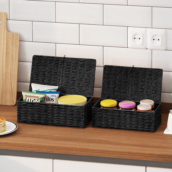 Wicker Shelf Baskets with Lid, Set of 2 Handwoven Wicker Storage Baskets for Shelves, Rectangular Storage Bins with Lids, Decorative Storage Boxes, Small Wicker Baskets for Organizing, Black3