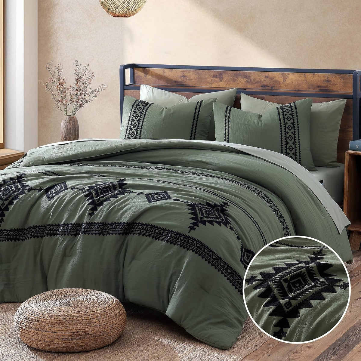 embroidery-queen-comforter-set-7-pieces-olive-green-bed-in-a-bag