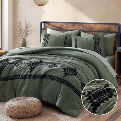 Embroidery Queen Comforter Set 7 Pieces Olive Green Bed in a Bag1