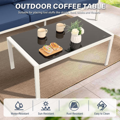 Patio Furniture Set Aluminum 4 Pieces White Metal Outdoor Furniture Set Glass Coffee Table with No-Slip Cushions and Waterproof Covers, Navy Blue5