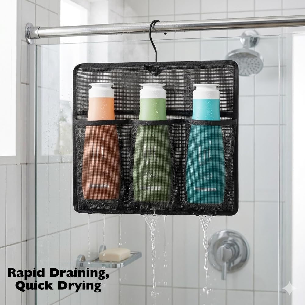 mesh-shower-organizer-shower-caddy-with-rotating-detachable-metal-hanger-quick-dry-bathroom-storage-for-toiletry-accessories-portable-shower-bag-for-rv-dorm-gym-and-travel-black