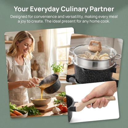 2 Quart Nonstick Saucepan with Lid & Steamer Basket, Small Nonstick Saucepan Cooking Steamer Pot with Pour Spout, Induction Safe, Non Toxic Granite Coating7