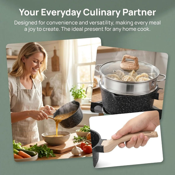 2 Quart Nonstick Saucepan with Lid & Steamer Basket, Small Nonstick Saucepan Cooking Steamer Pot with Pour Spout, Induction Safe, Non Toxic Granite Coating7
