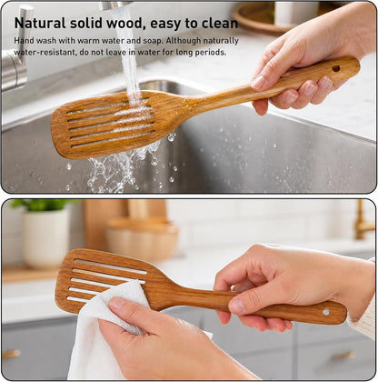 Wooden Spoons for Cooking, 4-Piece Teak Wood Kitchen Utensil Set, Nonstick Safe Wooden Cooking Utensils-Includes Soup Ladle, Pasta Spoon, Slotted Spoon, Salad Fork, for Everyday Meals(A04)6