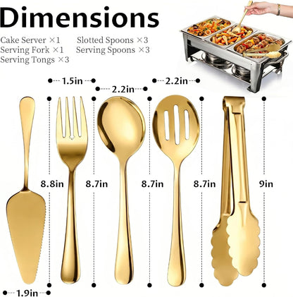 11PCS Stainless Steel Gold Serving Utensils, 8.7''Serving Spoons,8.7''Slotted Spoons, Serving Fork, 9'' Serving Tongs,Cake Server,Hostess Serving Set for Chafing Dish Buffet Catering Parties2