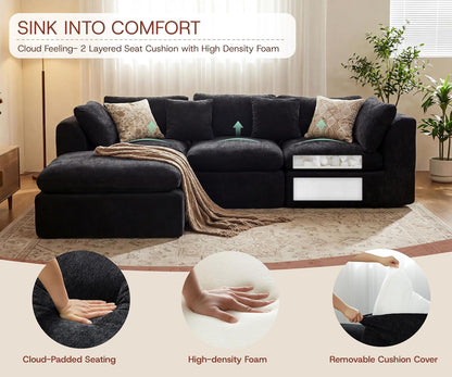 110'' Oversized Boneless Cloud Couch for Living Room, Modern Big Sectional Compressed L Shape Couch with Ottoman, Comfy Chenille Deep Seat Memory Foam Spineless 4 Seater Sofa, Black7