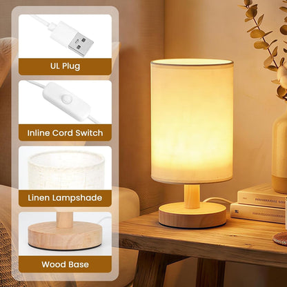 Small Table Lamp Set of 2, round Short Bedside Lamps 2700K Warm LED with Linen Shade & Wood Base, USB Mini Nightstand Lamps for Bedroom Desk2