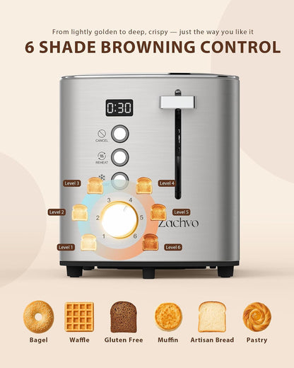2 Slice Toaster with Countdown Timer, Wide Slots Fits Thick Bread & Bagel | 6 Browning Levels, Defrost, Reheat & Cancel, Removable Crumb Tray, Compact Design for Everyday Breakfast4