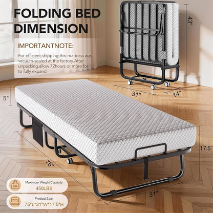 Folding Bed with Memory Foam Mattress, Portable Rollaway Guest Beds on Wheels, 75"X31" Twin Size Space-Saving Cot-Size Bed for Adults with Easy Assembly Metal Frame (Grey)3