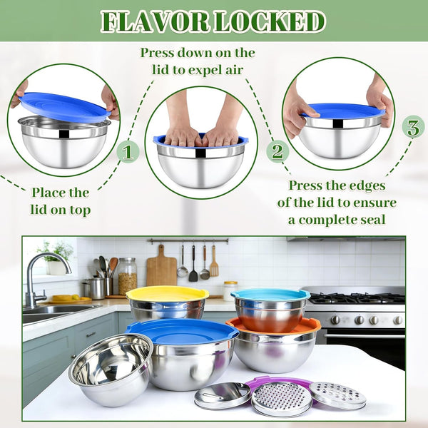 8-Piece Colorful Stainless Steel Mixing Bowl Set with Lids, Includes 5 Nesting Bowls and 3 Grater Attachments for Mixing and Serving, 1.5/2.1/3.5/4/4.5 QT6