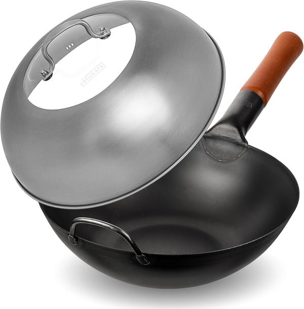 Carbon Steel Wok Pan – 11,8 “ Woks and Stir Fry Pans + Wok Lid 11.4 in - Premium Stainless Wok Cover with Tempered Glass Insert Steam Holes and Ergonomic Handle1