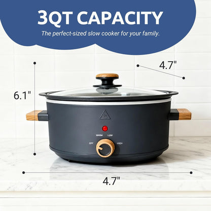 3-Quart Small Electric Slow Cooker, 3 Heat Settings, Manual Dial | Lightweight Aluminum Inner Pot, Easier to Lift than Ceramic Pots, Dishwasher-Safe Pot & Glass Lid, Ideal for 1-2 People2