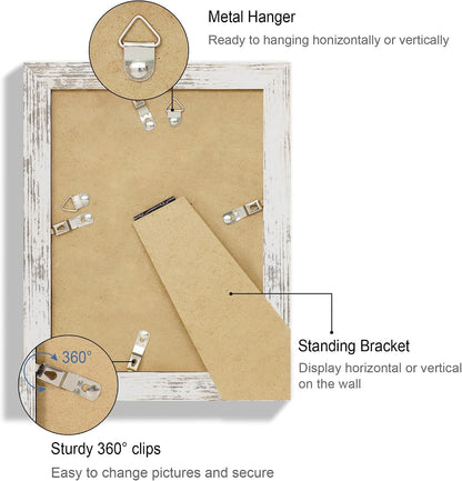 6X8 Picture Frame Set of 4, Made of Real Glass and Distressed White Frame - Display Picture 4X6 with Mat or 6X8 without Mat, 6 by 8 Photo for Wall or Tabletop5
