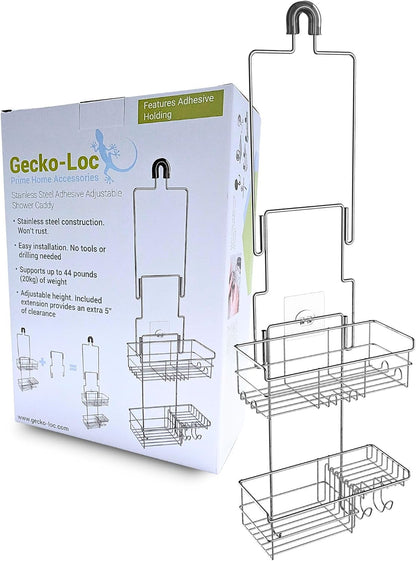 Extra-Long Adjustable Over-The-Showerhead Shower Caddy – Rustproof Stainless Steel Organizer with Suction Stabilizer, Deep Basket & Hooks – No-Drill, Tool-Free Installation (Silver)1