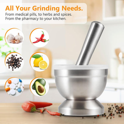 18/8 Stainless Steel Mortar and Pestle with Brush,Pill Crusher,Spice Grinder,Herb Bowl,Pesto Powder6