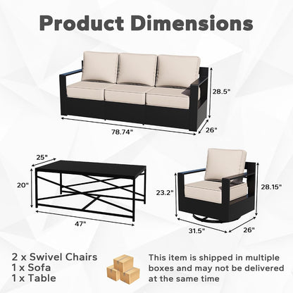 Outdoor Aluminum Furniture Set, 4-Piece Patio Conversation Set, 2 Swivel Chairs, 1 Sofa and 1 Table, All-Weather Metal Frame, 6" Thick Removable Cushions, Deep Setting for Garden, Poolside and Porch2