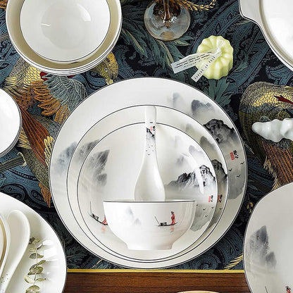 60-Piece Dinnerware Set,Exquisite Porcelain Tableware,Antiquity Chinese Style Porcelain Set,Ink Painting Design Dinner Dishes Set,Plates/Bowls/Spoons and Soup Pot,Service for 123