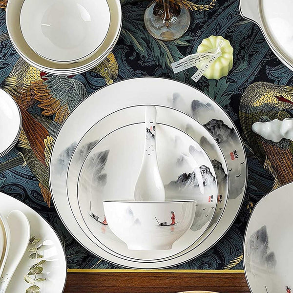 60-Piece Dinnerware Set,Exquisite Porcelain Tableware,Antiquity Chinese Style Porcelain Set,Ink Painting Design Dinner Dishes Set,Plates/Bowls/Spoons and Soup Pot,Service for 123