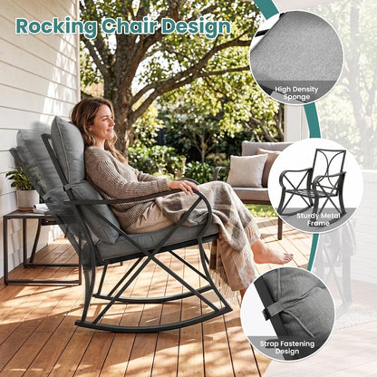 3 Piece Patio Rocking Conversation Set, Outdoor Rocking Chairs with Thick Removable Cushions & Side Table, Bistro Furniture Set for Porch, Balcony, Poolside, Backyard, Grey4