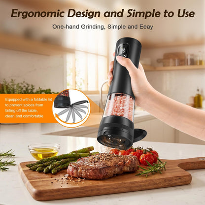 Electric Salt and Pepper Grinder Set, Automatic Refillable Salt and Pepper Shakers 2-Speed Setting with LED Light and 5 Adjustable Coarseness,Practical and Convenient Kitchen Gadgets,All-Black6