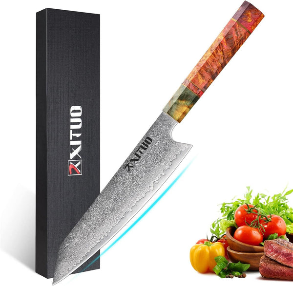 XITUO 8 Inch Kiritsuke Chef Knife, Japanese VG10 Damascus Steel – Professional Kitchen Knife for Meat & Sushi, Octagonal Stabilized Wood Handle, Gift Box1