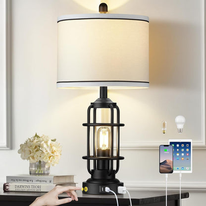 26" Modern Lamp for Living Room, Industrial 3-Way Dimmable beside Table Lamp with USB A+C Charging Ports & AC Outlet, Touch Control beside Lamp LED Night Light for Bedroom Single(2 Bulbs Included)9