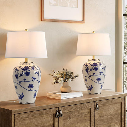 Tribesigns 27-Inch Table Lamp with Blue and White Porcelain Ginger Jar, Embossed Floral Ceramic Base with Fabric Shade for Living Room, Entryway, Nightstand for Bedroom7