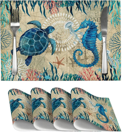 Nautical Placemats Set of 4, Ocean Coast Beach Theme Washable Non-Slip Heat Resistant Place Mats, Sea Turtle Seahorse Summer Linen Decoration Dinner Mat for Kitchen Dinner Party Decor1
