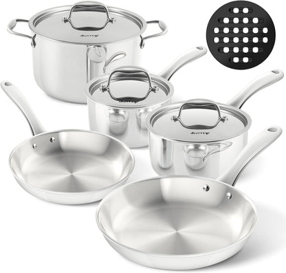 Tri-Ply Stainless Steel Induction Cookware, 9PC Pots and Pans Set | Whole Clad 3-Layer Steel, Family Cookware Set, Even Heating, Dishwasher and Oven Safe1