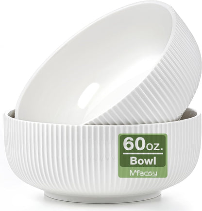 2 Pack Salad Bowl, 8 Inch 60 Oz Large Serving Bowl Set, Deep Bowl for Kitchen, White Ceramic Bowl Set for Soup, Cereal, Ramen, Pasta, Salad, Dishwasher & Microwave Safe, Easy Clean1