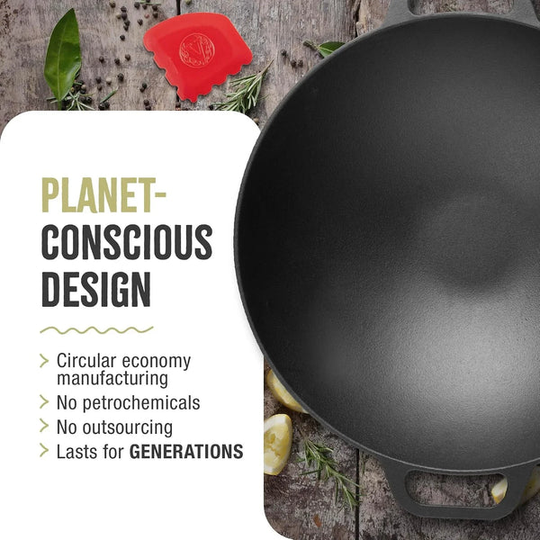 14-Inch Cast Iron Wok and Scraper Set, Seasoned Flat-Bottom Wok with Loop Handles and Grooved Scraper, Made in Colombia6