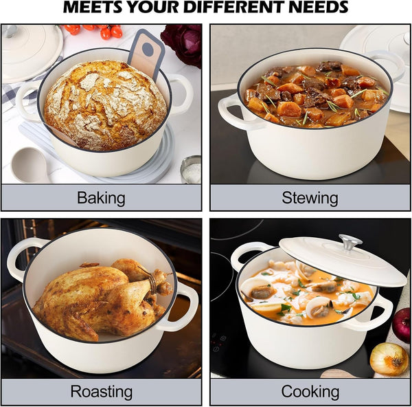 6Qt Dutch Oven, Enameled Cast Iron Dutch Oven Pot with Lid | Dual Handles for Bread Baking, Cooking, Simmer, Non Toxic & Heavy Duty, Oven Safe & Various Stovetops Suitable - Cream White7